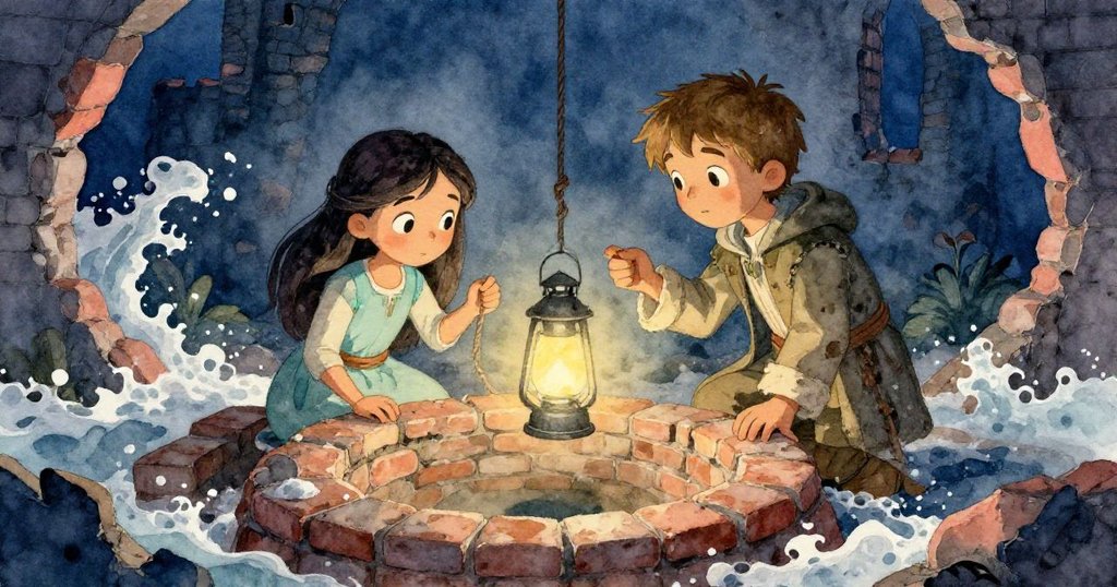 Pieter在舊磚濕坑前用燈光仔細觀察，Mira靜靜放下繩索，古堡內散發著神秘悠然的氛圍