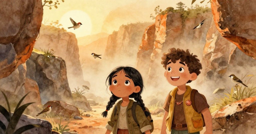 萊拉與馬可在古老採石場中探索，晨霧籠罩、麻雀飛舞，兩人充滿好奇心，展現冒險起始情景。