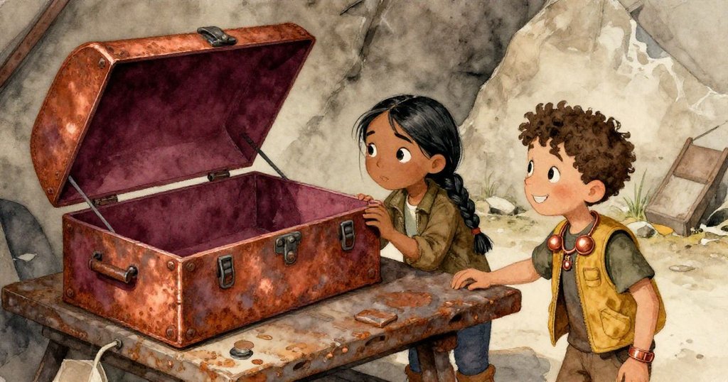 馬可仔細觀察被歲月侵蝕的鐵箱與破舊工作臺，萊拉觸摸生鏽木板，環境展露歷史痕跡，探索情深意切。