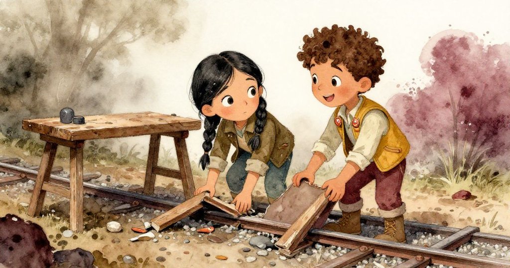 萊拉與馬可在破舊工臺旁謹慎換位，沿斷裂軌道前進，神情專注，環境充滿轉變與挑戰感。