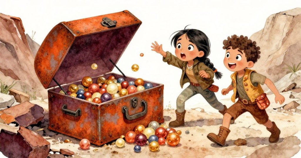 馬可用鐵撬使箱蓋甩開，彩色彈珠瞬間灑落，萊拉驚喜注視，現場充滿動感與戲劇性。