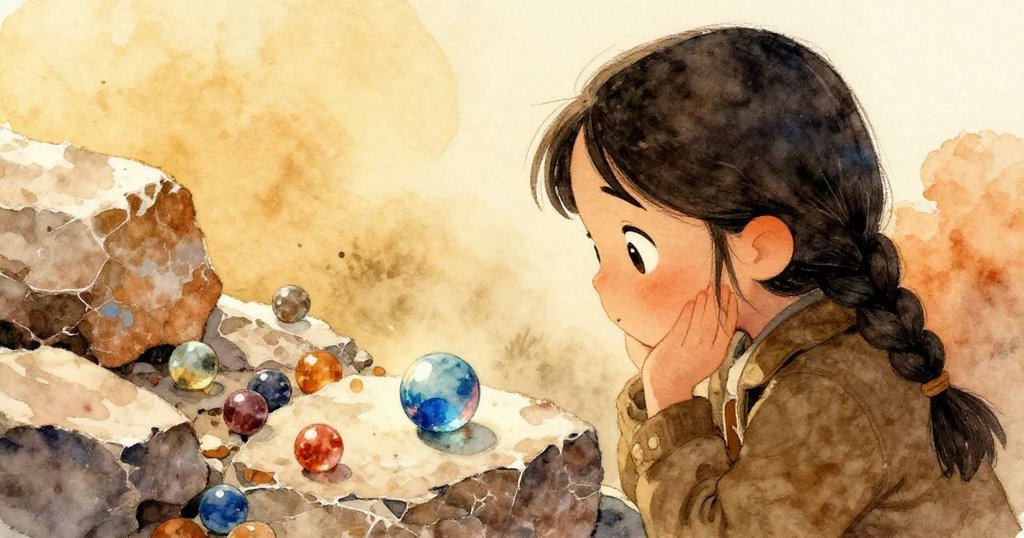 萊拉低頭注視石礫上藍色彈珠，臉上流露沉思與期待，象徵著冒險故事仍在繼續展開。