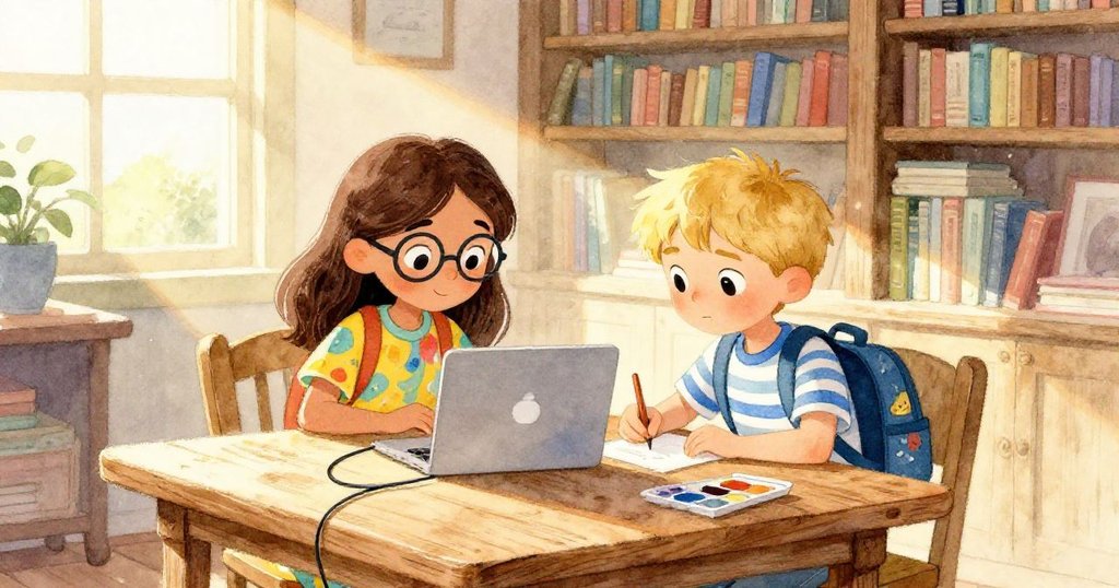 Mira 與 Liam在陽光灑入的圖書館內合作尋找插座，溫暖光線映照環境，氛圍期待又專注。