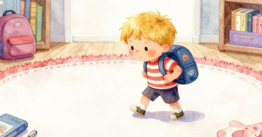 Liam 穩健地踏在柔軟地毯上，展現決心與專注，背景中隱約見老桌與散落物品。