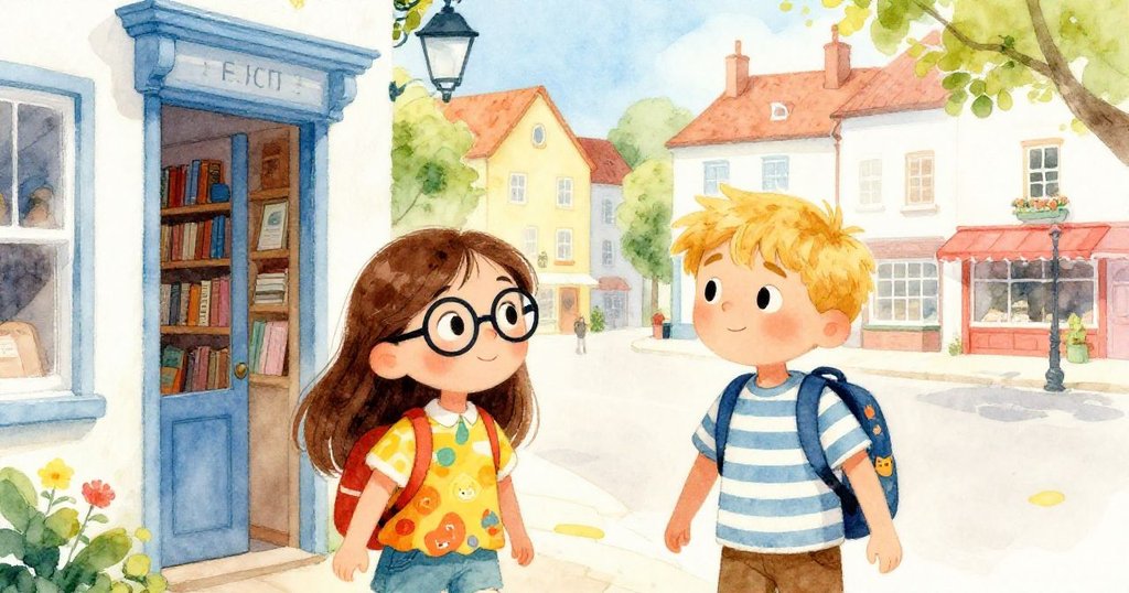 Mira與Liam從圖書館走向明亮小鎮廣場，陽光普照，新開始的冒險氣息洋溢街頭。