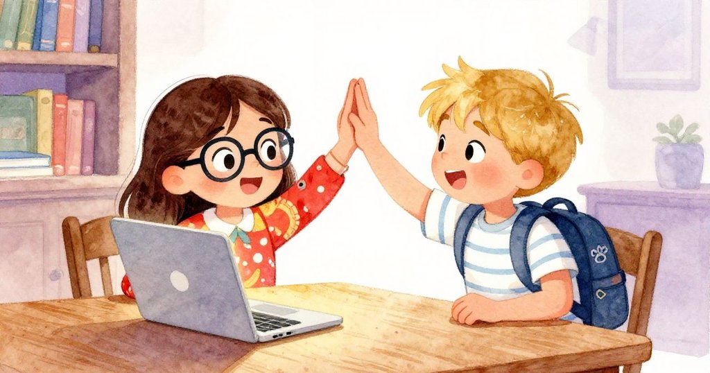 Mira與Liam在溫馨學習角落快樂擊掌慶祝挑戰成功，筆記型電腦柔光映照笑臉，洋溢著成就感。