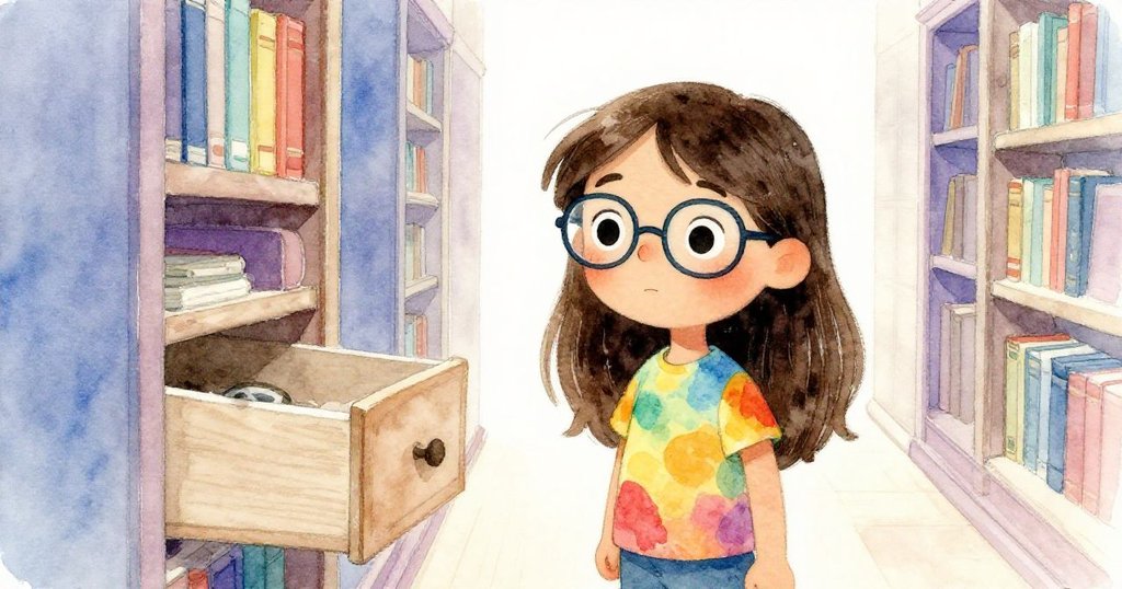 Mira凝視前方，半掩抽屜悄然成為冒險記憶，圖書館過道柔光映照決心，展望新旅程。