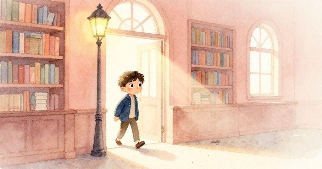 Elias走進陳舊圖書館，室內充斥金色光芒與塵埃，神情期待與探索，開啟冒險之旅。