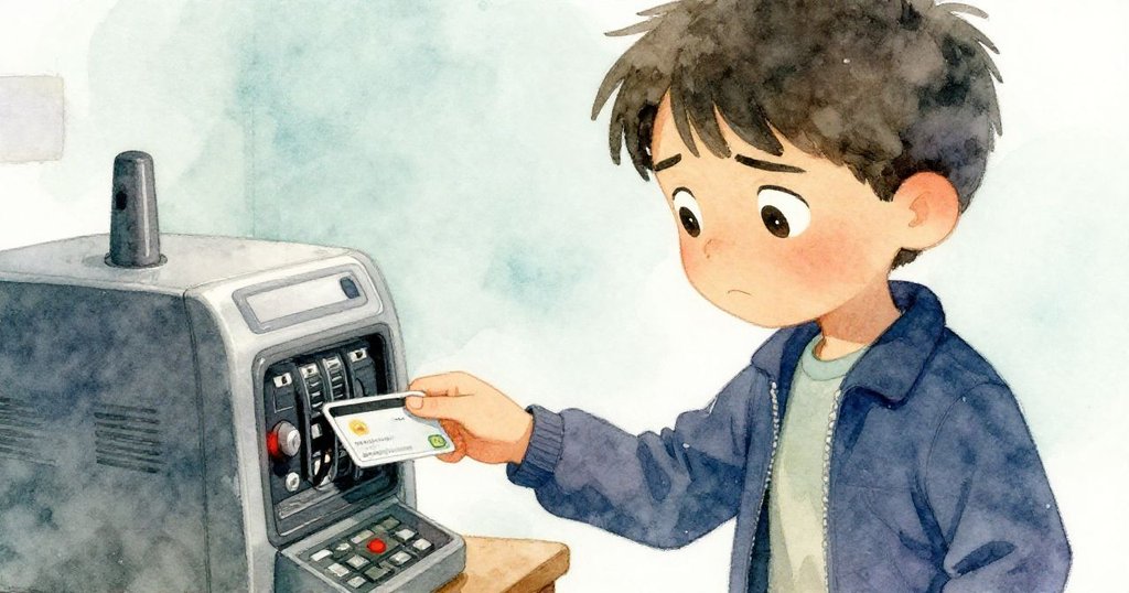 Elias專注地將存取卡插入機器，臉上表露疑惑與堅定，紅燈閃爍映襯出古老儀器的神秘。