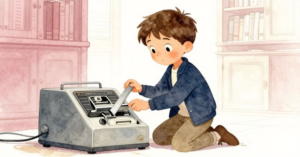 Elias蹲下調整微縮機器抽屜，手持金屬尺操作，背景呈現復古書庫與飄浮蛛網，充滿探索情趣。