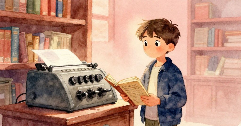 Elias於黃昏時分靜立於圖書館，手握手稿細看，金色夕陽灑落復古機器，充滿思索與溫柔收尾。