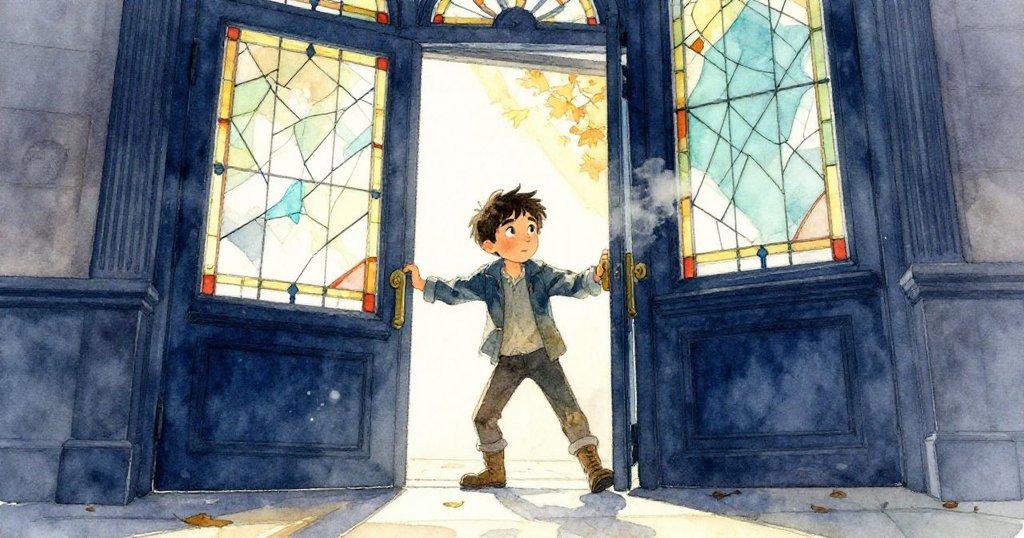 喬納斯推開舊劇院側門，金秋斜光透過破裂玻璃映入，灰塵飛揚，臉上滿懷期待與決心，場景開啟故事。