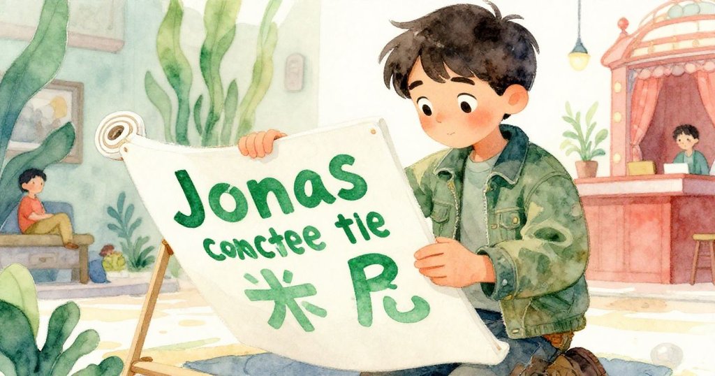 喬納斯細心握持印有鮮綠字樣的帆布，雙手展現專注神情，背景劇院隱約映出故事發展。