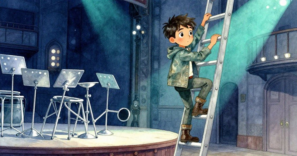 喬納斯攀爬梯子中，小心避開堆疊的金屬樂器支架，舞台上散落舊道具，臉上流露專注與一絲謹慎。