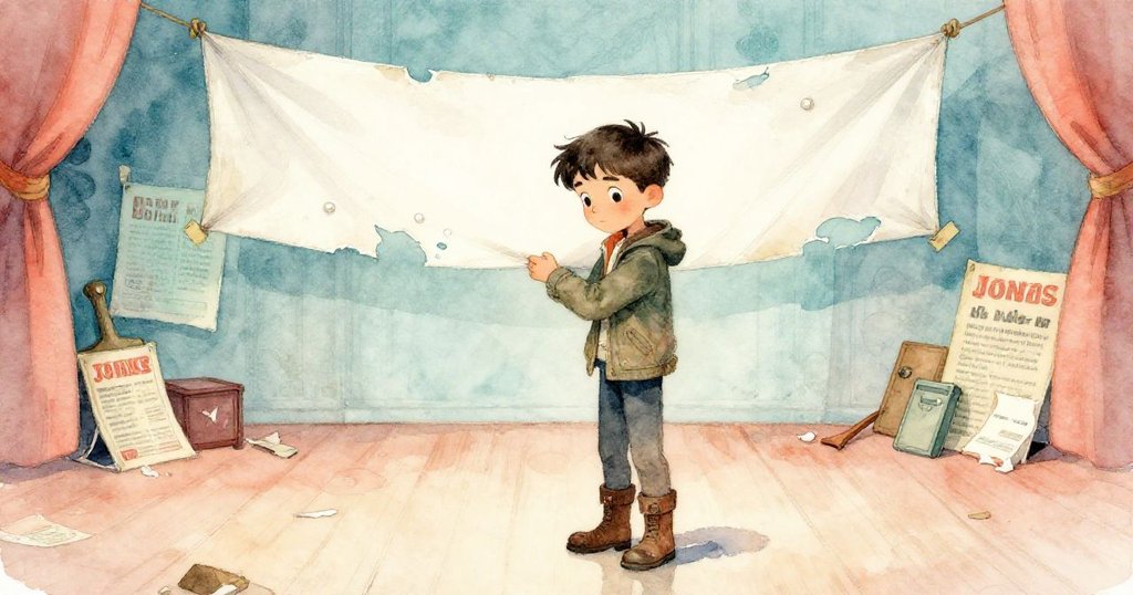 喬納斯在舞台上停下調整剝落的膠帶，背後散落舊海報與道具，神情中透著懷舊與專注，呈現故事發展轉折。