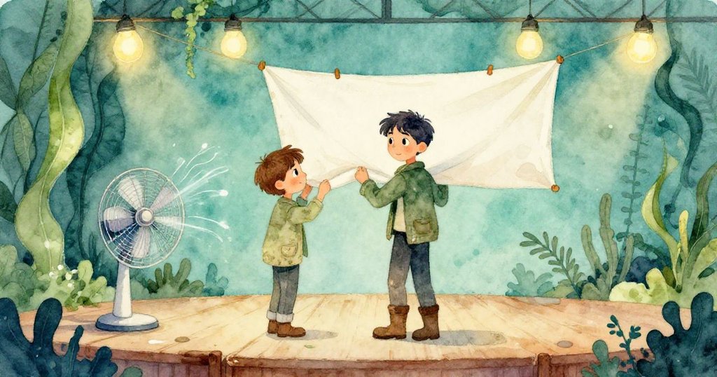 燈光熄滅之際，喬納斯成功固定懸掛帆布，臉上流露欣慰與喜悅，舞台上微風輕拂，展現任務完成。