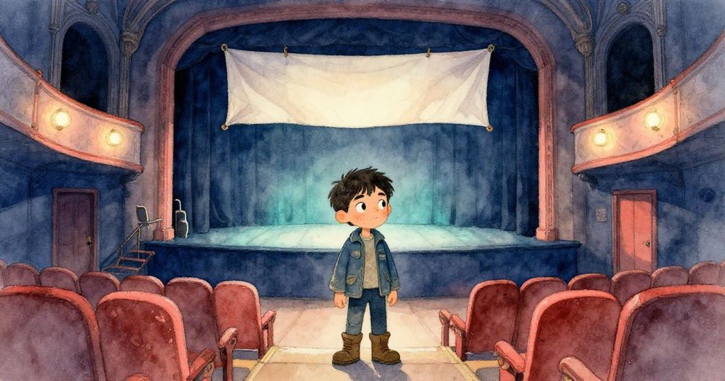 在寬闊黯淡劇院中，喬納斯退後欣賞懸掛成功的帆布，身影渺小卻充滿驕傲，見證空間新生與過往榮光。