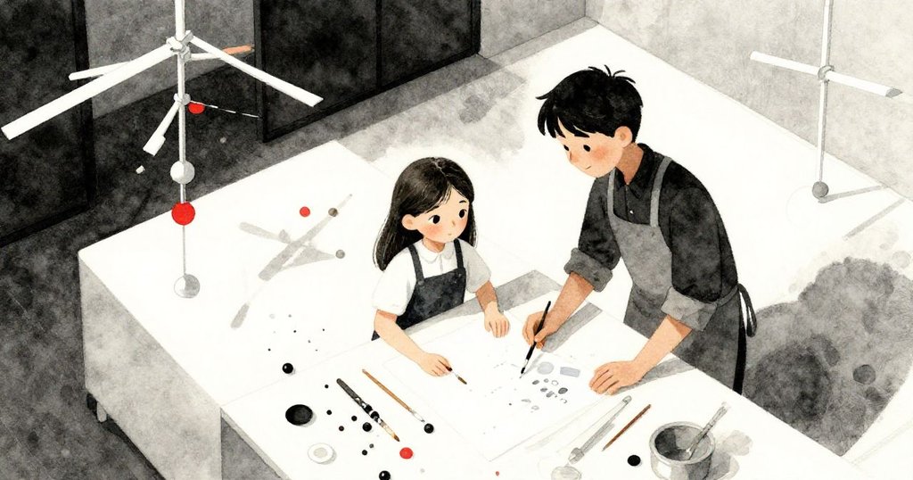 Eva 和 Mark 於寬敞工作室俯視桌面操作紙掛飾，散落的珠子與刷子呈現出專注忙碌的溫馨氛圍。