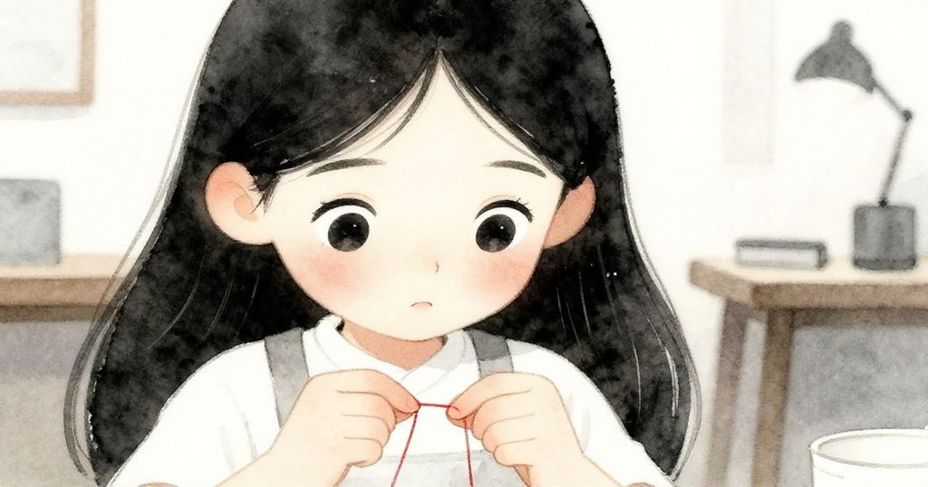 Eva 專注調整線頭，明亮眼神流露出堅定與細膩憂慮，臉部與手部特寫呈現工作室內忙碌氛圍。