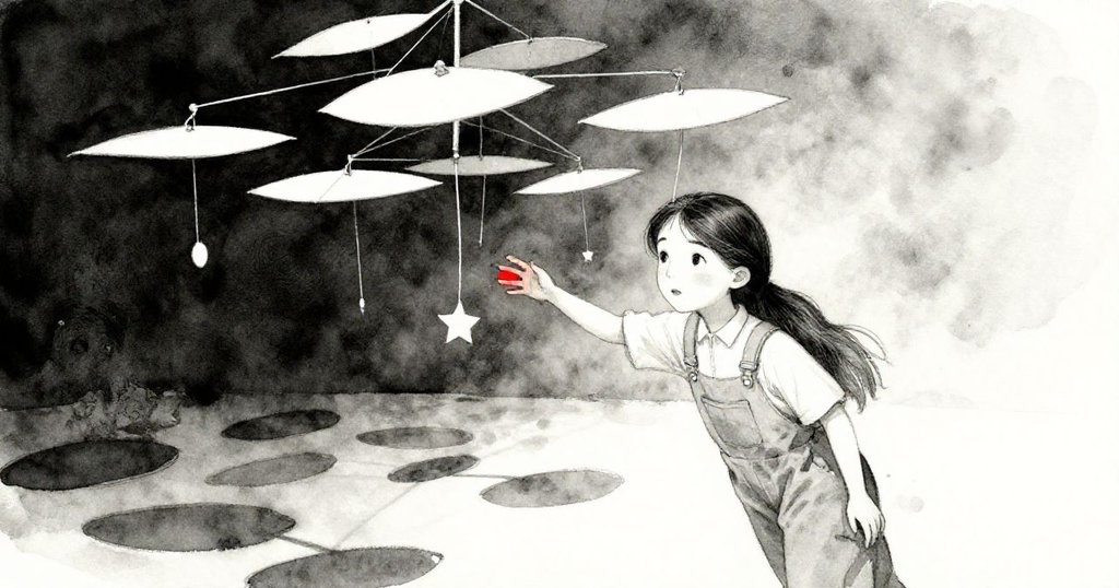 Eva 手指失控，掛飾如指南針般不規則旋轉，扭曲視角下呈現出充滿奇幻動態與緊張氣氛。