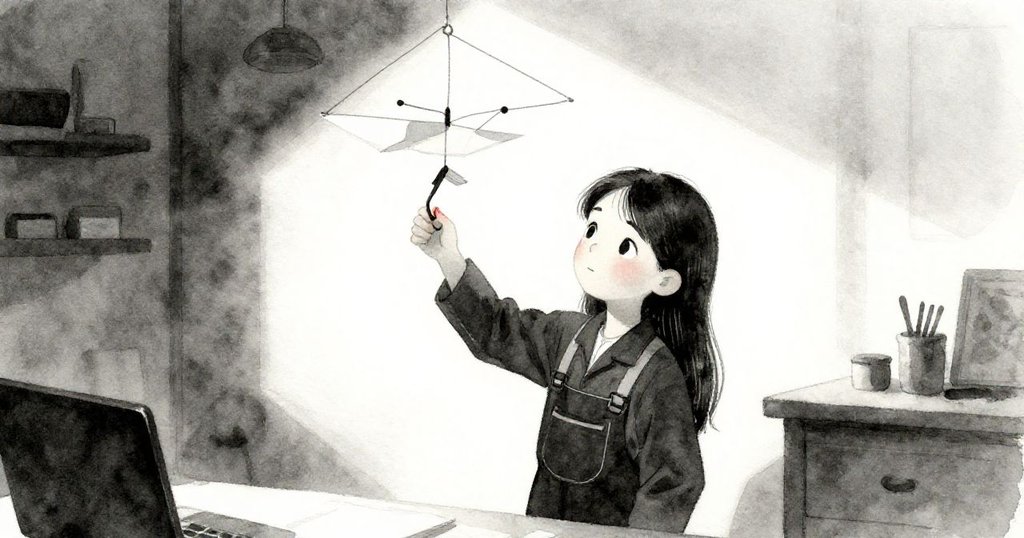 Eva 利用備用鐵絲製作鉤子，溫柔光線中帶著懷舊氣息，畫面展示工作室內記憶與細膩動作。