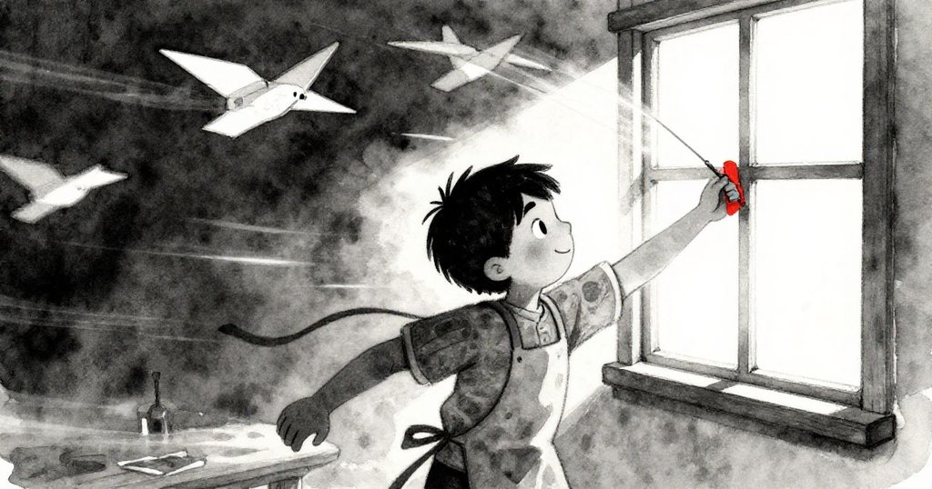 微風吹拂掛飾，Mark 靈敏地半關窗戶，動態線條展現急促動作與室內風格，情緒緊張而溫柔。