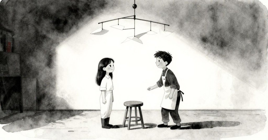 掛飾穩定懸於空椅上，晚陽灑下一片柔和色彩，Eva與Mark在背景中輕鬆微笑，工作室充滿寧靜與希望。