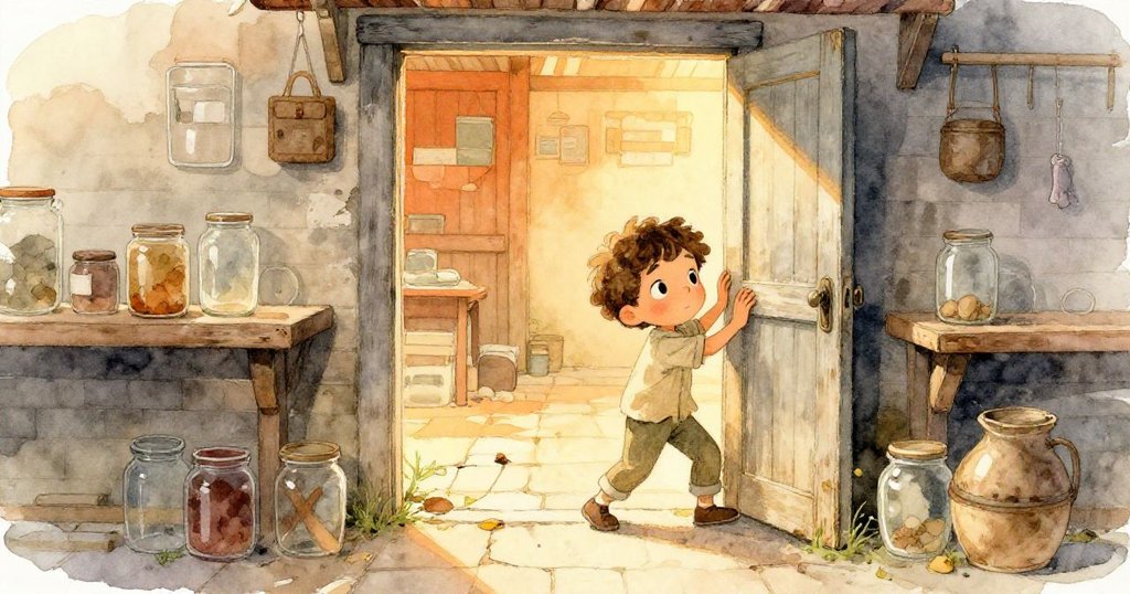 米羅推開陳舊的門，光線穿透塵封貨架與破碎地磚，他滿懷期待邁入神秘舊倉庫。