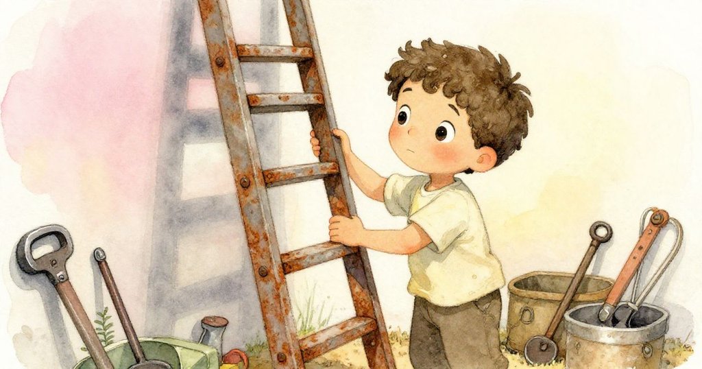 米羅在角落中發現一架生鏽狹梯，努力讓梯子運作，眼中流露出堅定與驚喜。