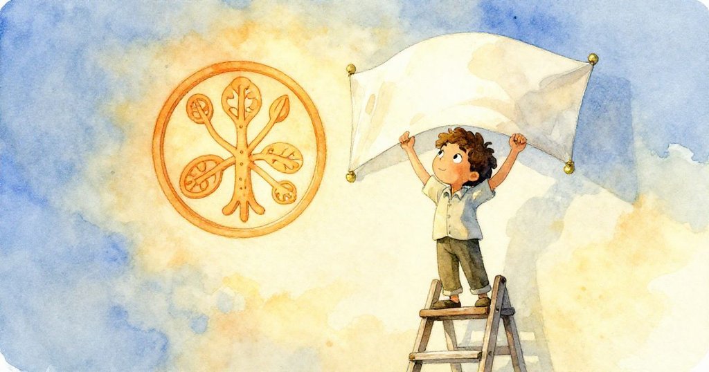 米羅站在復甦梯子上高舉橫幅，微風拂過展現牆上雕刻，他臉上洋溢著希望與成就感。