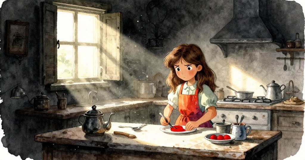 莉拉在老舊廚房中忙碌,晨光透過歪斜窗戶灑入,環境古樸而溫暖,她充滿決心準備煎餅,展現故事起始。