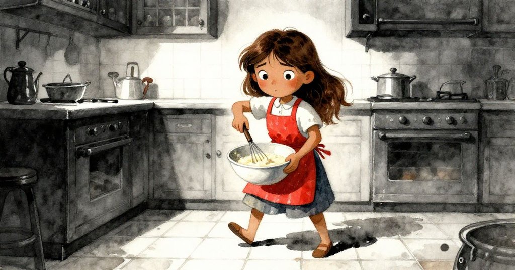 莉拉在陳舊廚房內輕快前行,堅定踩著舊瓷磚,專心攪拌麵糊,展現動感與活力,故事逐步展開。