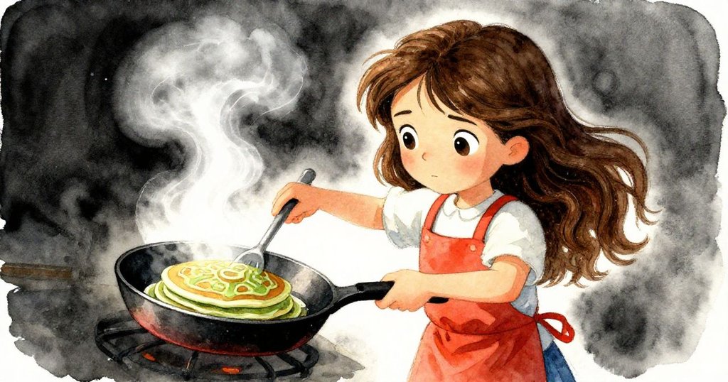 低角度展現莉拉專注翻轉綠色煎餅,煎鍋中蕨葉般圖案清晰可見,動作充滿決心與驚奇,故事進入高潮。