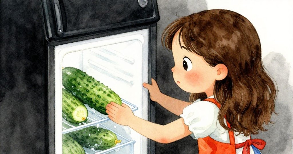 莉拉彎腰打開冰箱,內部微光下青瓜靜臥融水中,她好奇檢視,展現探索秘密空間的情景,故事情節深化。