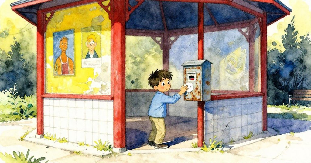 小男孩Leo在午後進入公園涼亭，用手抹去生鏽控制盒上的塵埃，周遭有破損瓷磚和褪色海報，神情專注好奇。