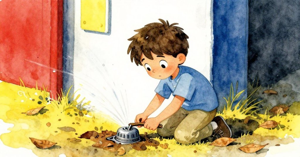 小男孩Leo跪下用小樹枝撬開堵塞的噴水頭，周圍有乾葉和泥土旋轉，他神情堅定。