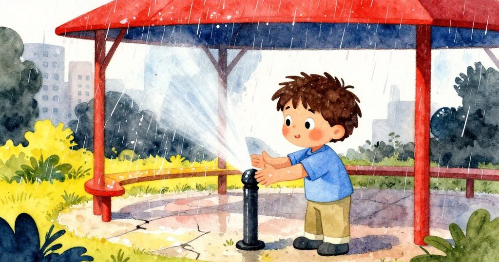 小男孩Leo在突如其來的大雨中工作，手上水珠閃亮，他堅持修復噴水頭，背景公園涼亭變得濕潤。