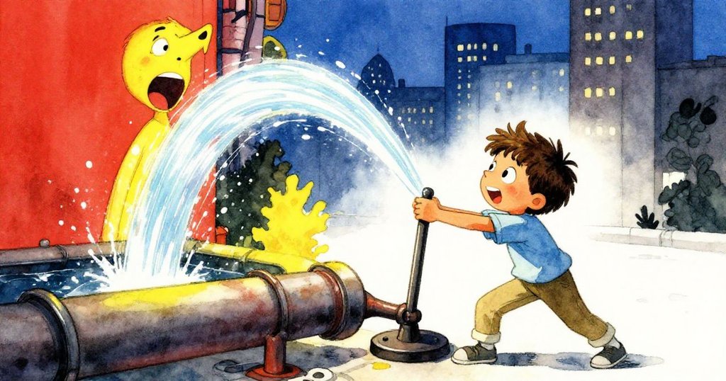 小男孩Leo再次拉動控制桿，管道傳來隆隆聲，一道明亮水弧在夕陽下高高揚起，他滿懷驚喜。