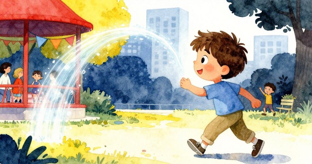 小男孩Leo滿懷喜悅站在發光的水弧前，溫暖笑容中帶著滿足，背景隱約動人節慶氣氛。