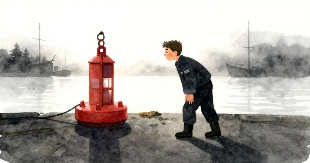在晨霧中,Miles身著工作服走向寧靜碼頭,期待調查浮標,臉上流露堅定神情。