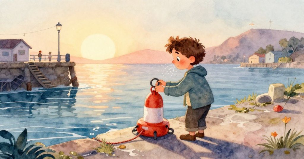 Miles伸手觸摸潮濕的繩索,細膩紋理與藤壺特寫展現堅毅探索精神,背景隱約露出木樑。