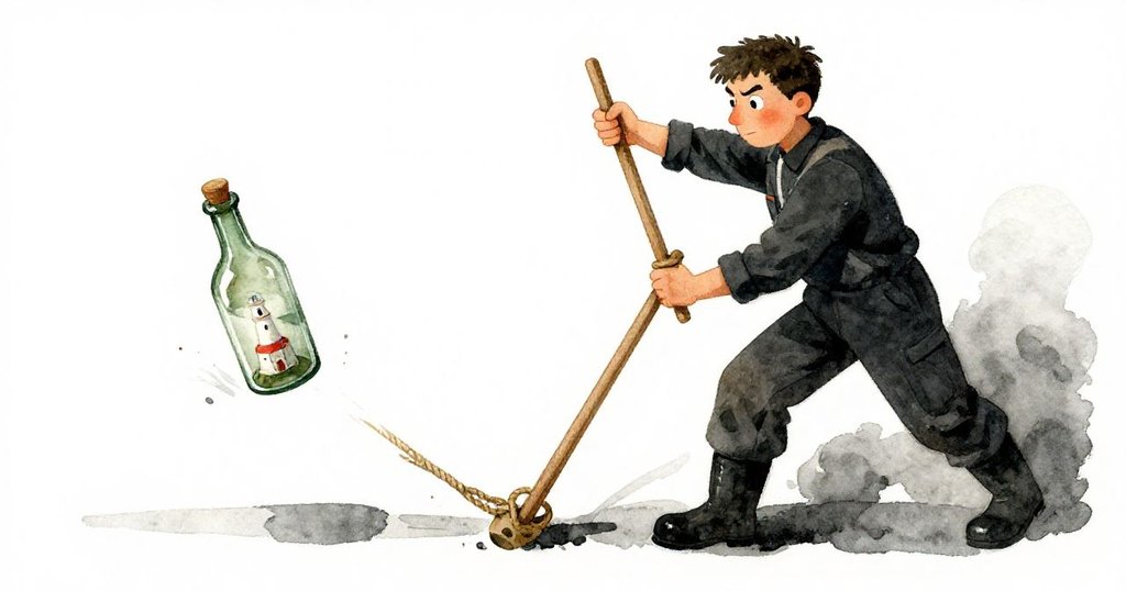 Miles用木桿巧妙撬繩,綠瓶內微縮燈塔從水中露出,畫面傾斜表現緊張動態瞬間。