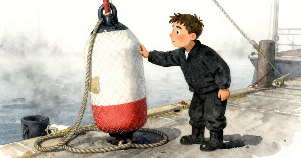 Miles仔細檢查浮標破舊的網格和盤繞繩索,晨霧中展現專注神情,感受涼意季節氣息。