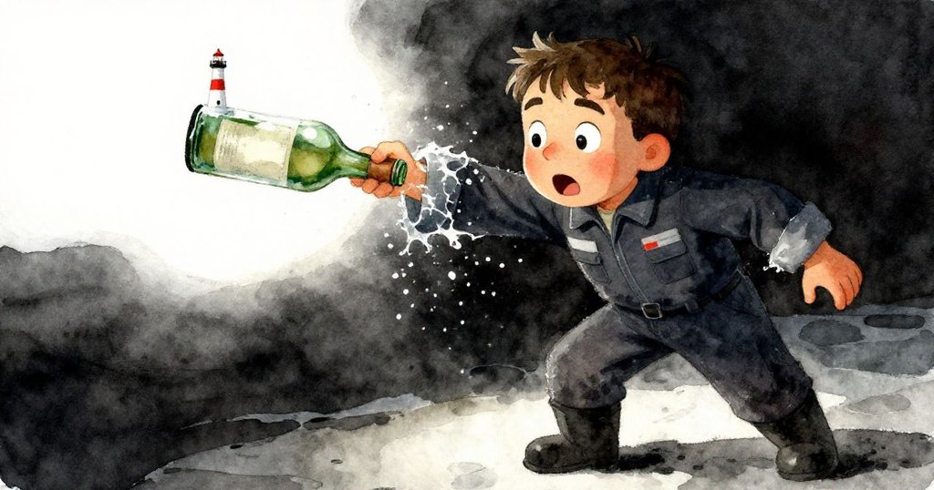 瞬間定格中,Miles驚訝目光與濺水袖口交織,綠瓶內燈塔清晰浮現,展現高潮緊張情節。