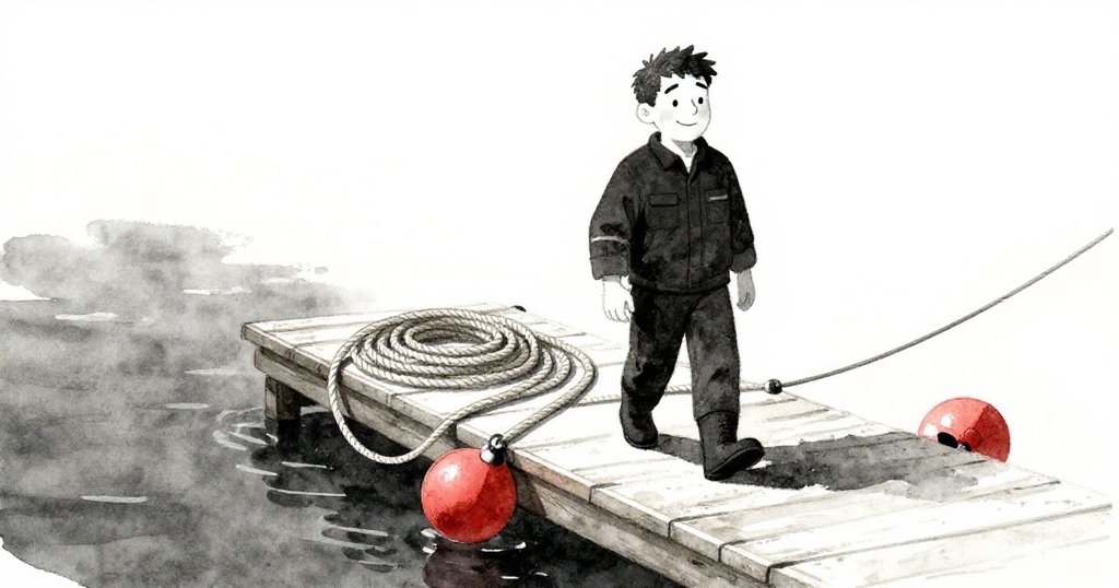 Miles收好繩索,從輕搖浮標旁退後,寧靜碼頭中流露冒險未盡韻味,畫面溫暖延續。