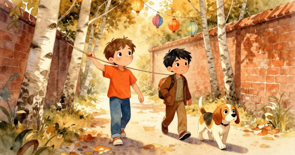 Riley肩扛繩索，Evan提燈籠，Maple快樂奔跑於庭院中，金色午後光影中充滿期待與溫馨情感。