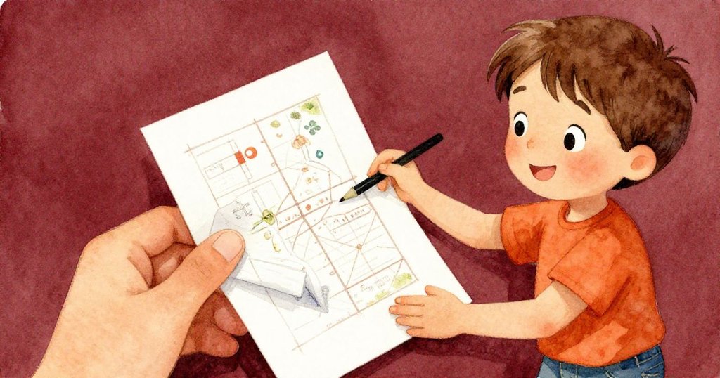 Riley專注地拿著記藍圖的卡片和小冊子，細膩特寫呈現庭院邊角溫暖背景與希望神情。