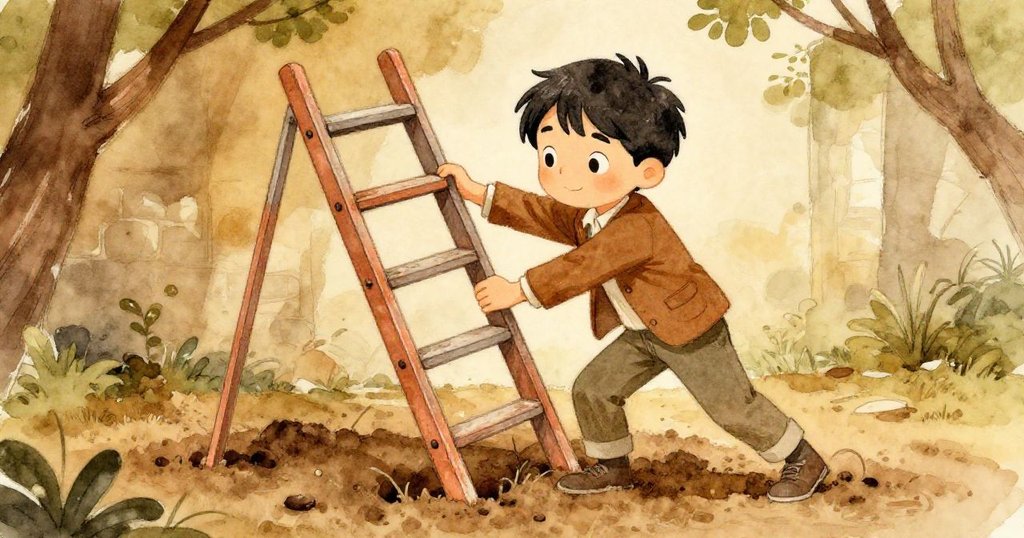 Evan努力調整傾斜梯子，用木板支撐泥土中陷角，樹枝高懸，表情中流露著挑戰與堅定。