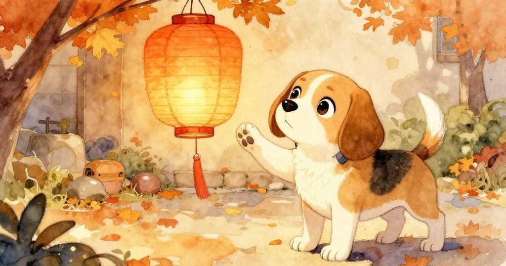 Maple好奇地嗅觸搖曳紙燈籠，秋日庭院中溫暖金光映襯，展現出探索與溫馨的情懷。