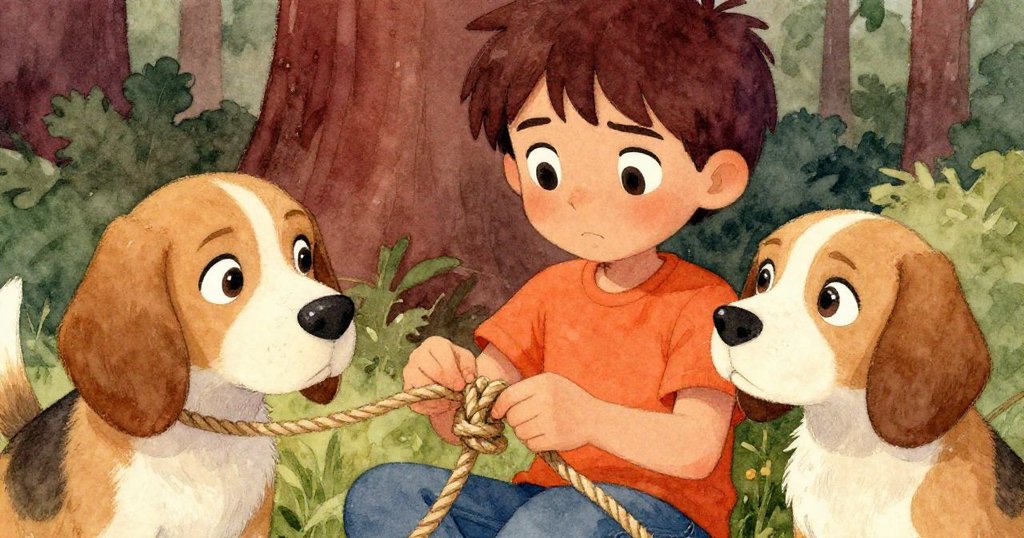 Riley專注解開纏結繩索，眉宇間焦急堅定，Maple靜伴一旁，庭院背景呈現柔和秋意與暖銅色調。